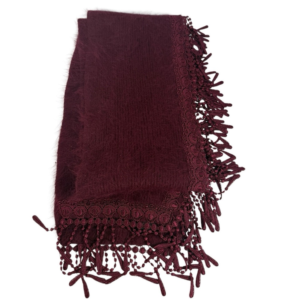 Vintage Venesha Angora Scarf Wrap Fringe Fuzzy Soft Burgundy Maroon Quiet Luxury